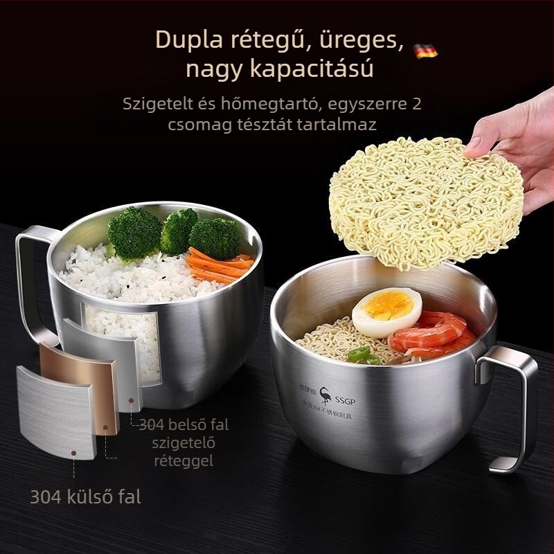 SSGP 304 rozsdamentes acél termoszigetelt tál tésztaételhez fedővel – nagy ebéddoboz kollégiumi szobához