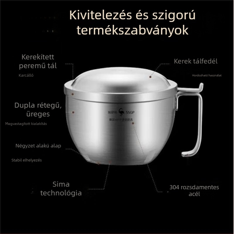 SSGP 304 rozsdamentes acél termoszigetelt tál tésztaételhez fedővel – nagy ebéddoboz kollégiumi szobához