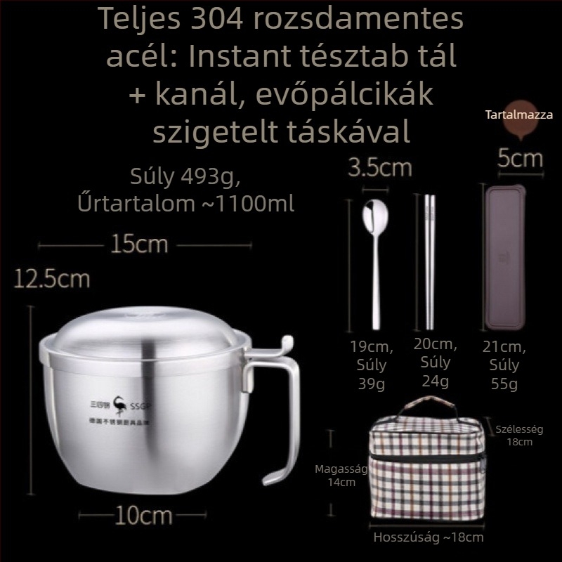 SSGP 304 rozsdamentes acél termoszigetelt tál tésztaételhez fedővel – nagy ebéddoboz kollégiumi szobához