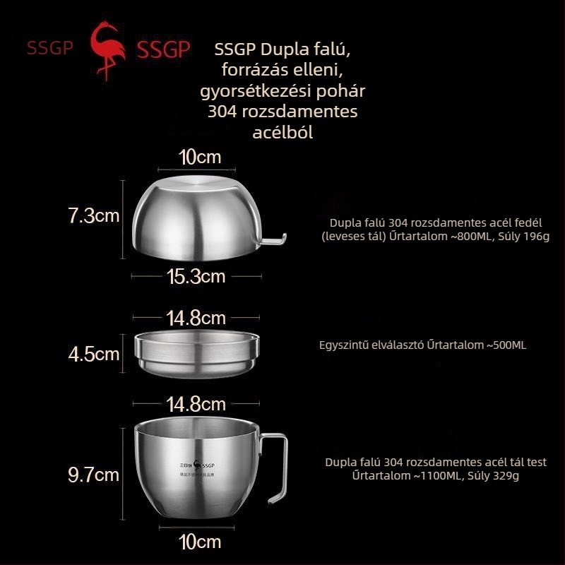 SSGP 304 rozsdamentes acél termoszigetelt tál tésztaételhez fedővel – nagy ebéddoboz kollégiumi szobához