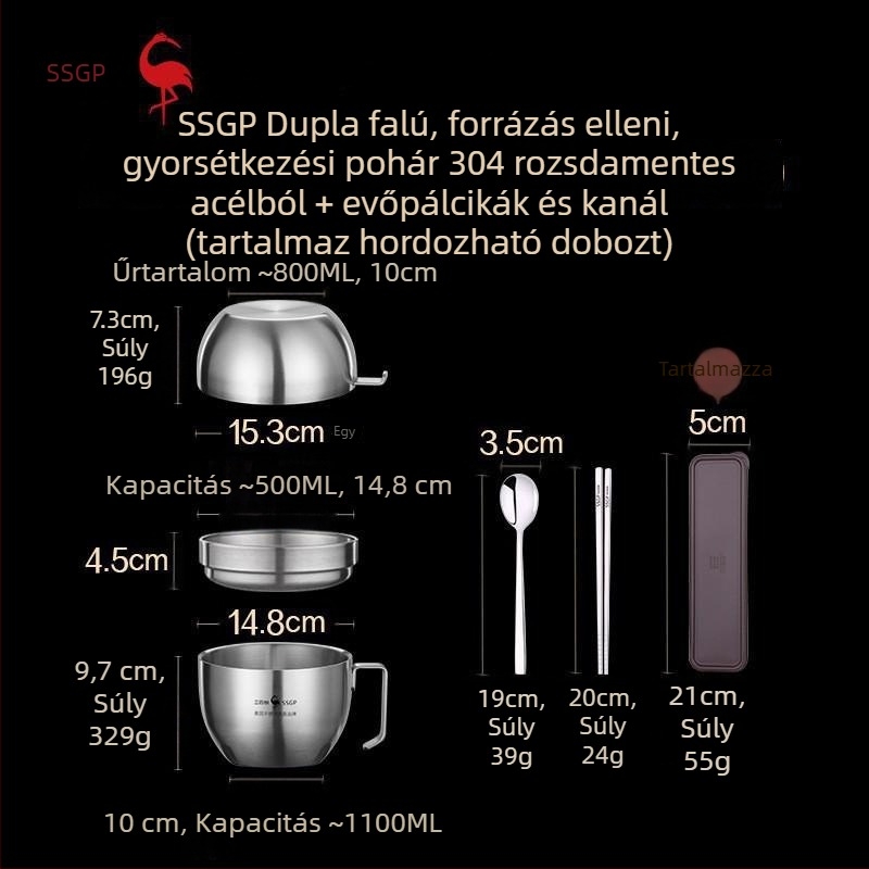 SSGP 304 rozsdamentes acél termoszigetelt tál tésztaételhez fedővel – nagy ebéddoboz kollégiumi szobához