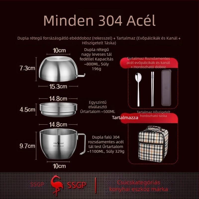 SSGP 304 rozsdamentes acél termoszigetelt tál tésztaételhez fedővel – nagy ebéddoboz kollégiumi szobához