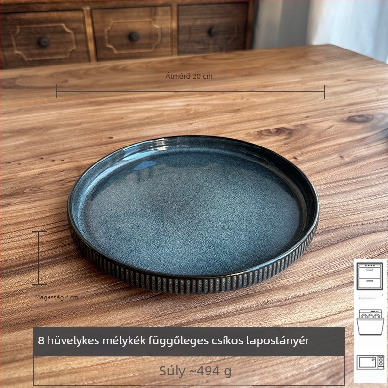 Sötétkék, európai stílusú retro-relief kerámia étkészlet, 18 darab, tartalmaz vacsora-tányérokat, lapos tányérokat, leveses tálakat és alátéteket, enyhe hibákkal