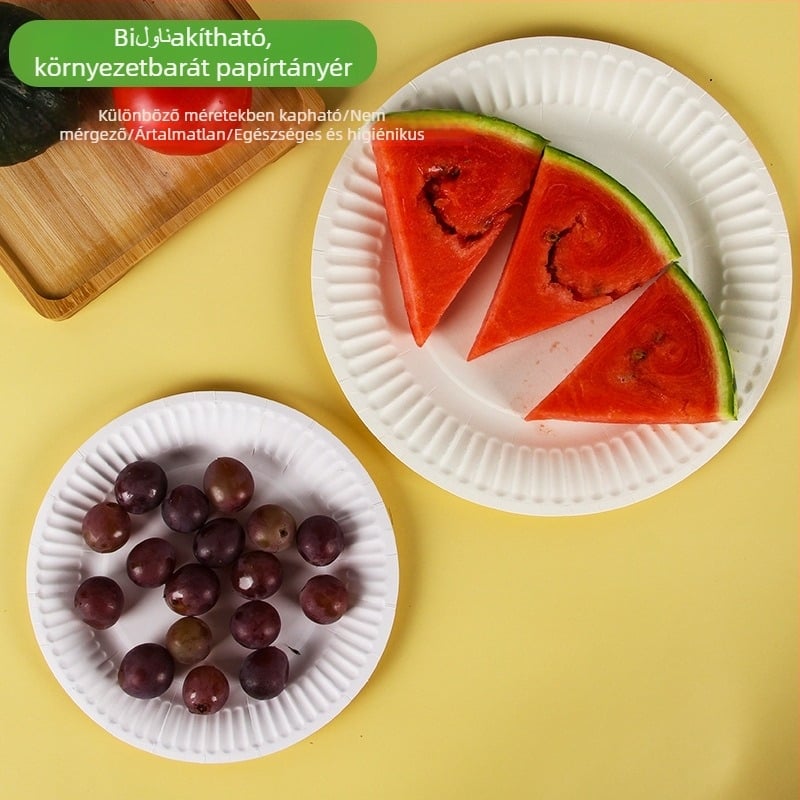 Eldobható papírtányérok, biológiailag lebomló pulpa alapú, vastagított kerek étkészlet, tortalap, 6–9 hüvelyk (17–25 cm)