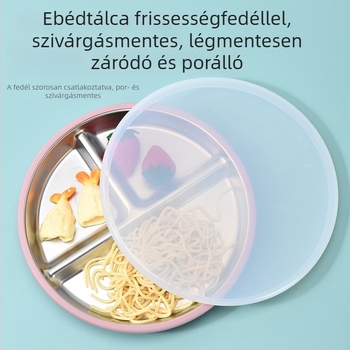 Gyermekek etetéséhez készült készlet rozsdamentes acélból: tányér, tál, pohár, szilikon előke, villa és kanál