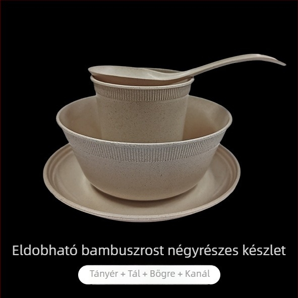 Egyszer használatos étkészlet bambuszrostból, négy részes, magas minőségű, biológiailag lebomló, élelmiszerbiztonságos
