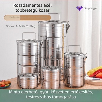 Guosheng Többszörös rozsdamentes acélból készült, dupla szigetelésű ebédkosár, élelmiszerrekeszekkel és hordozható fazékkal