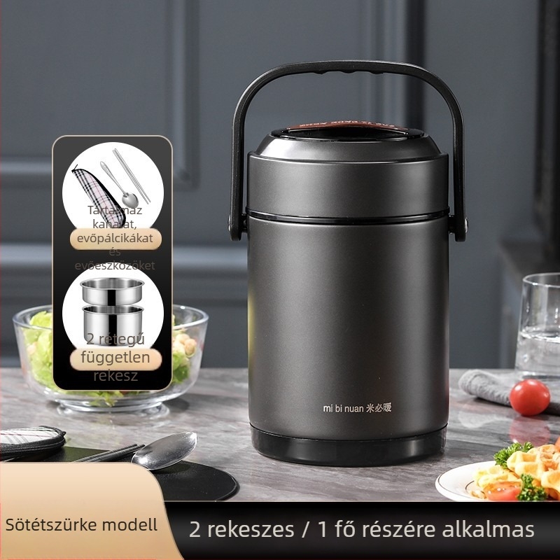 304 rozsdamentes acélból készült szigetelt, több rekeszes ebédes doboz fogantyúval, 1,6 L, diákoknak és irodai dolgozóknak