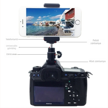 Fémes telefonstabilizátor hot shoe-hoz, univerzális gömbfej és E-formájú csipesz, 360°