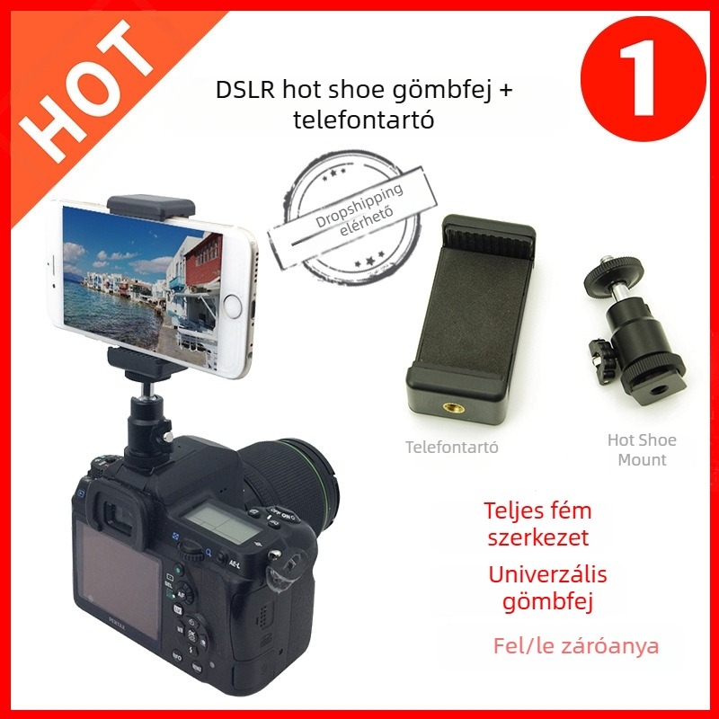 Fémes telefonstabilizátor hot shoe-hoz, univerzális gömbfej és E-formájú csipesz, 360°
