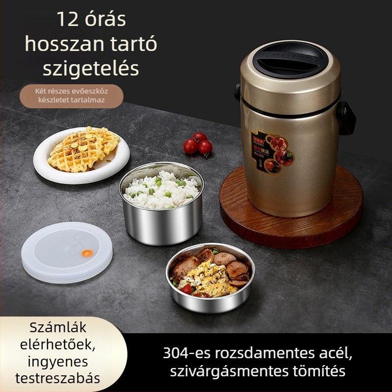304 rozsdamentes acél vákuum-izolált ebédhordó, nagy kapacitású, háromrétegű többrekeszes ételhordó, iskolai ebéd