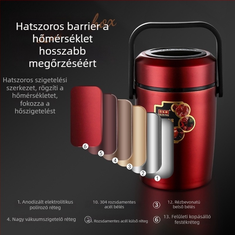 304 rozsdamentes acél vákuum-izolált ebédhordó, nagy kapacitású, háromrétegű többrekeszes ételhordó, iskolai ebéd