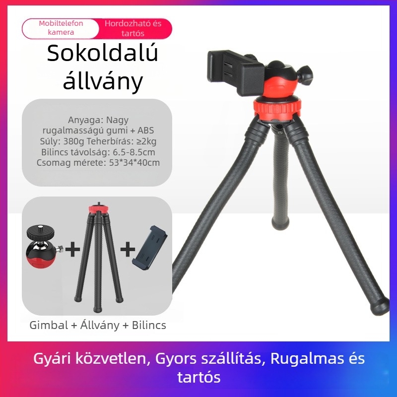 Tantu Black Diamond polipod mobiltelefonokhoz és DSLR-hez, golyófejjel, 30 cm, 0,38 kg, terhelhetőség 2 kg-ig