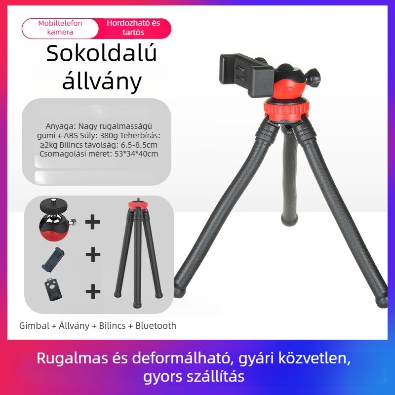 Tantu Black Diamond polipod mobiltelefonokhoz és DSLR-hez, golyófejjel, 30 cm, 0,38 kg, terhelhetőség 2 kg-ig