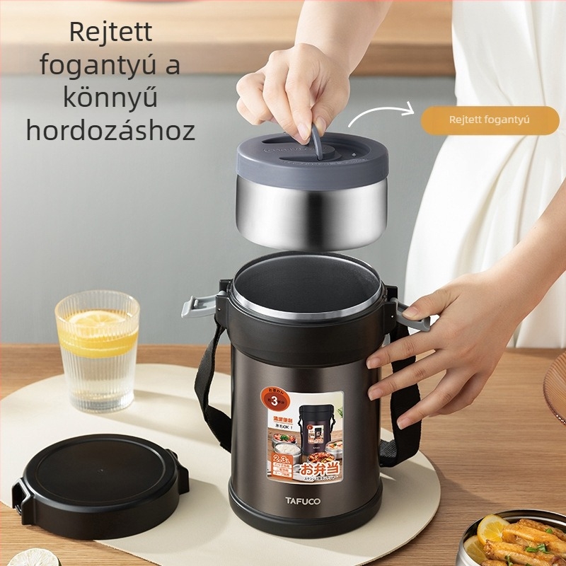 Tafuco rozsdamentes acélból készült szigetelt ebédes doboz, nagy kapacitású, kerek formájú, melegen tart
