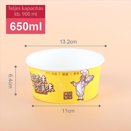 Egyszer használatos kerek papírtál, fedővel, forró és savanyú tészta, leves és vermicelli számára; alkalmas elvitelre.