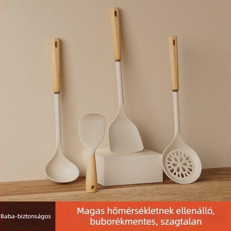 Élelmiszer-minőségű, hőálló szilikon spatula készlet fa nyéllel, tapadásmentes konyhai eszközök — leveskanál és rizsskanál