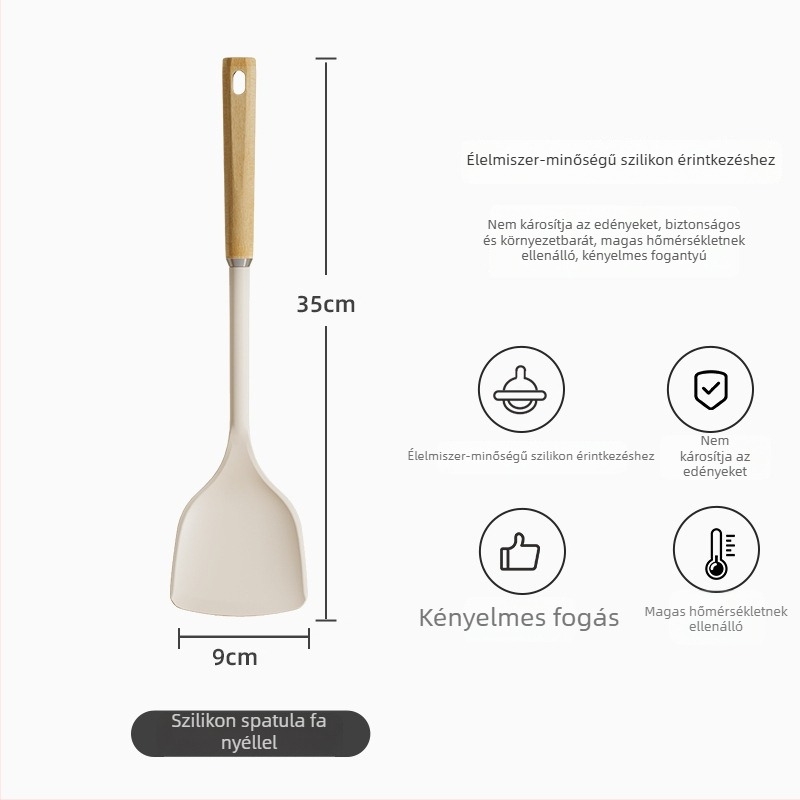 Élelmiszer-minőségű, hőálló szilikon spatula készlet fa nyéllel, tapadásmentes konyhai eszközök — leveskanál és rizsskanál