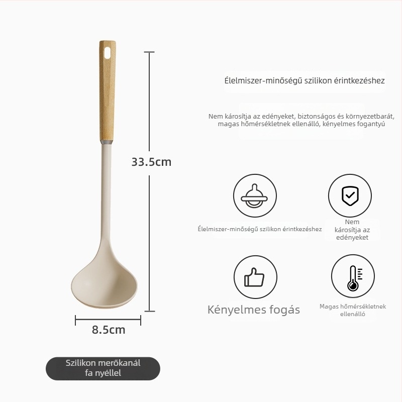 Élelmiszer-minőségű, hőálló szilikon spatula készlet fa nyéllel, tapadásmentes konyhai eszközök — leveskanál és rizsskanál