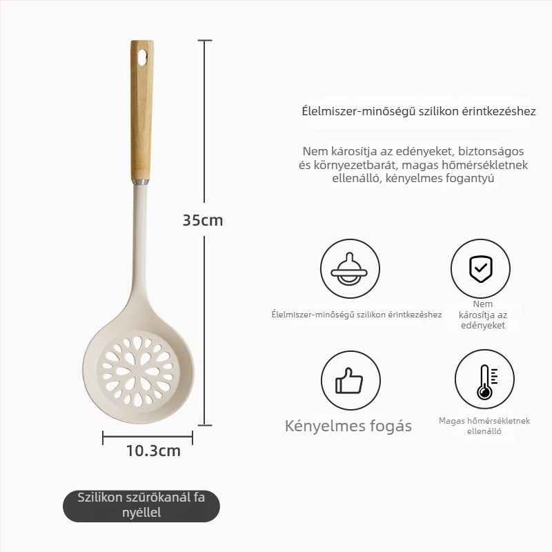 Élelmiszer-minőségű, hőálló szilikon spatula készlet fa nyéllel, tapadásmentes konyhai eszközök — leveskanál és rizsskanál