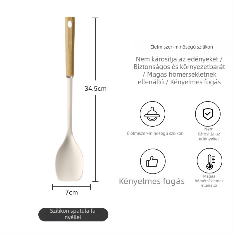 Élelmiszer-minőségű, hőálló szilikon spatula készlet fa nyéllel, tapadásmentes konyhai eszközök — leveskanál és rizsskanál