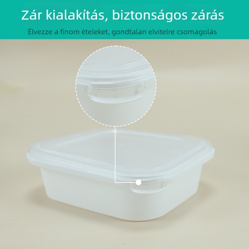 Élelmiszerbiztonságos egyszer használatos ebédes doboz, mikróban használható, vastag záródású négyszögletes kialakítás, ételcsomagoláshoz és gyümölcsök tárolásához.