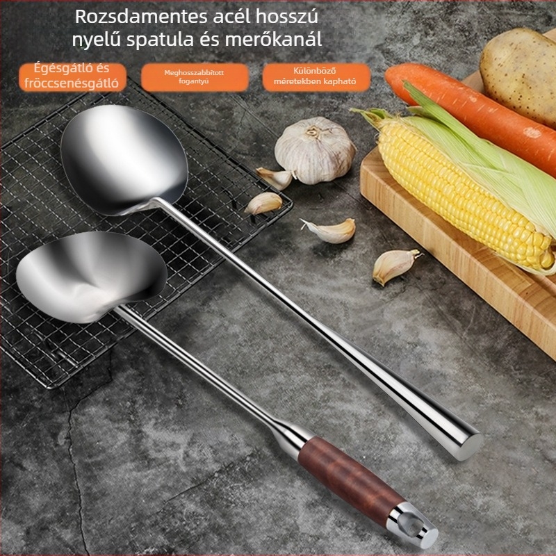 Rozsdamentes acél wok kanál akasztónyílással, vastagodott hosszú vagy rövid nyéllel, hőálló konyhai eszköz