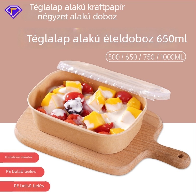 Egyszer használatos kraft papírból készült téglalap alakú tál erősített csomagoló dobozzal ételrendeléshez, piknikhez и salátához