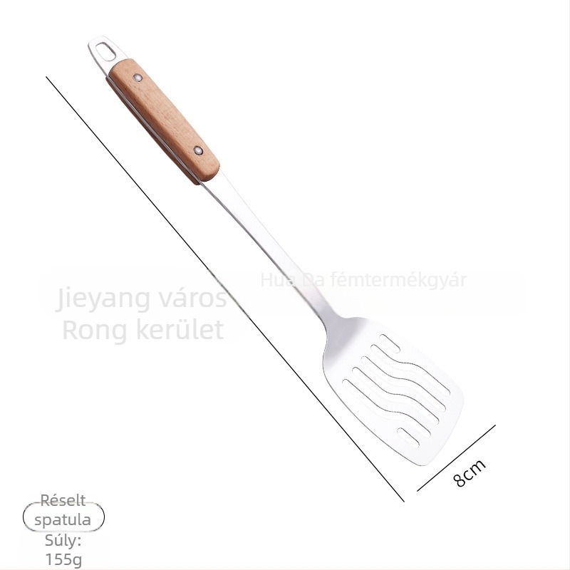 Vastagított mágnesmentes rozsdamentes acél spatula és szűrő készlet, fa fogantyúval, nagy merőkanál és kanál