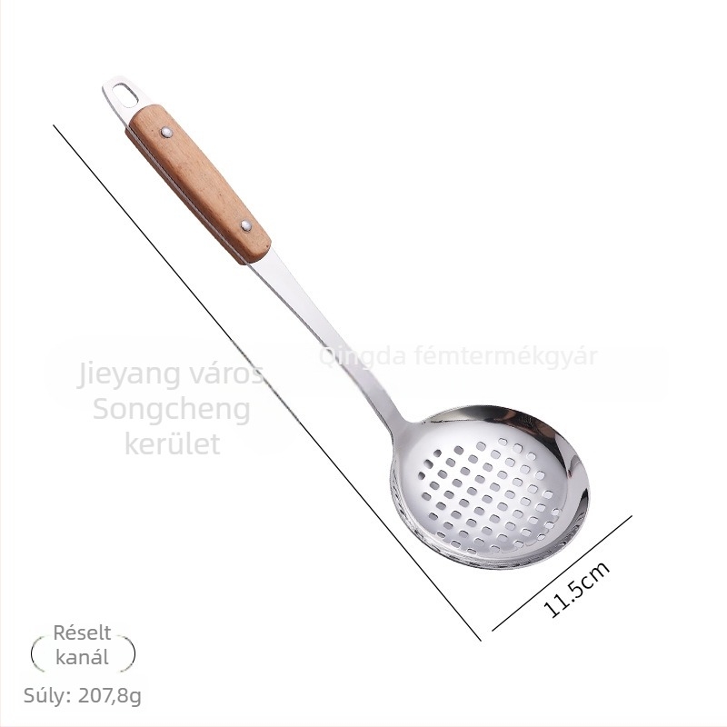 Vastagított mágnesmentes rozsdamentes acél spatula és szűrő készlet, fa fogantyúval, nagy merőkanál és kanál
