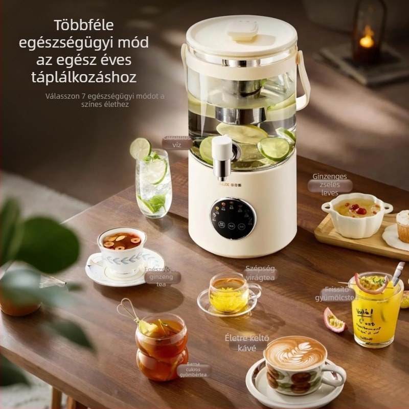 Üvegbázisú egészség teáskanna integrált forralással és áztatással virágtea készítéséhez, 2–3 literes kapacitás, ragasztómentes kivitel, digitális termosztát, belső rozsdamentes acél tartály, 500–1000 W, 220 V, modell Ys 133