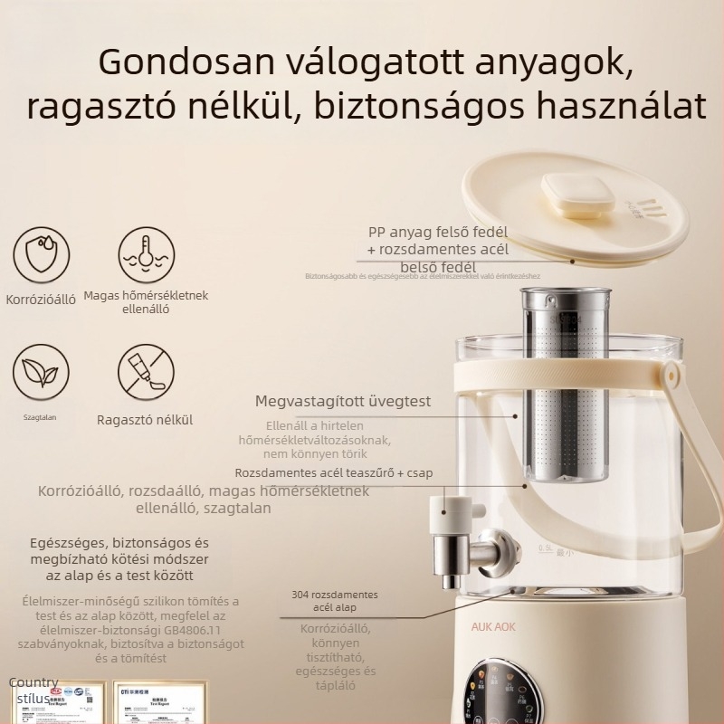 Üvegbázisú egészség teáskanna integrált forralással és áztatással virágtea készítéséhez, 2–3 literes kapacitás, ragasztómentes kivitel, digitális termosztát, belső rozsdamentes acél tartály, 500–1000 W, 220 V, modell Ys 133