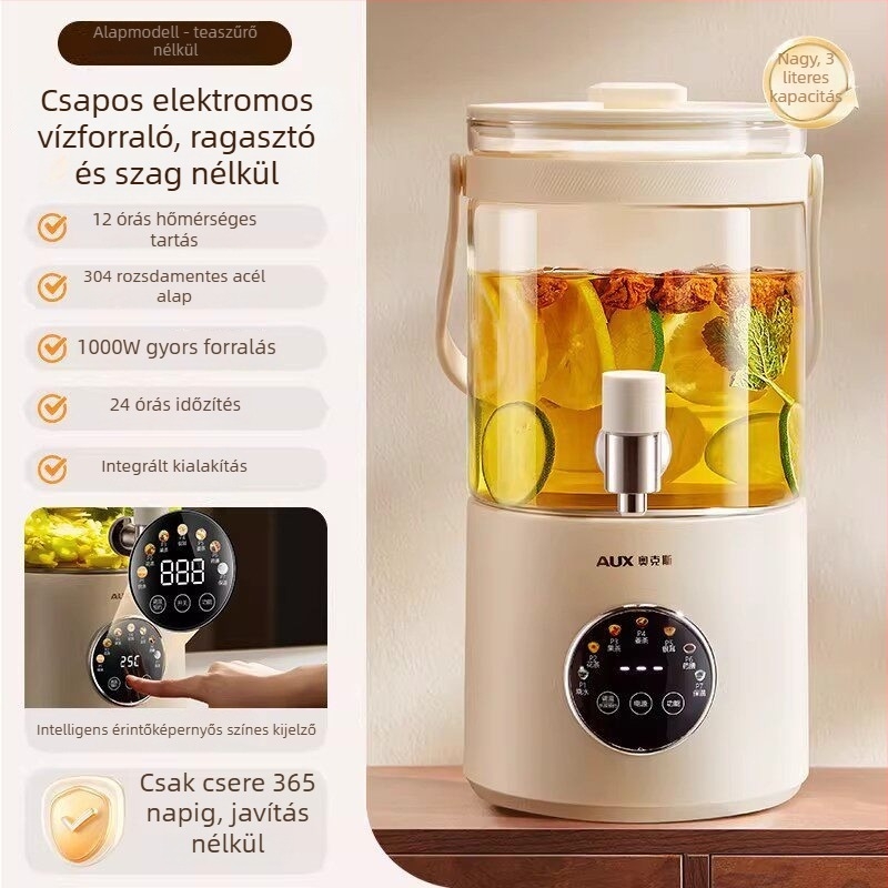 Üvegbázisú egészség teáskanna integrált forralással és áztatással virágtea készítéséhez, 2–3 literes kapacitás, ragasztómentes kivitel, digitális termosztát, belső rozsdamentes acél tartály, 500–1000 W, 220 V, modell Ys 133