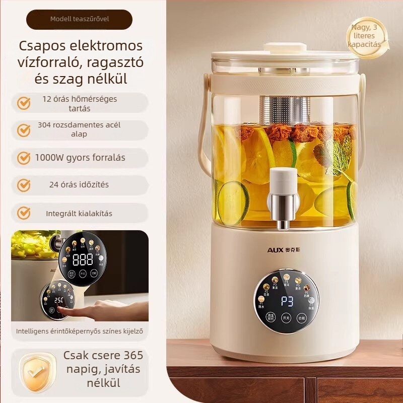 Üvegbázisú egészség teáskanna integrált forralással és áztatással virágtea készítéséhez, 2–3 literes kapacitás, ragasztómentes kivitel, digitális termosztát, belső rozsdamentes acél tartály, 500–1000 W, 220 V, modell Ys 133