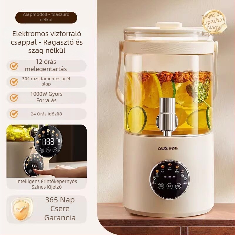 Üvegbázisú egészség teáskanna integrált forralással és áztatással virágtea készítéséhez, 2–3 literes kapacitás, ragasztómentes kivitel, digitális termosztát, belső rozsdamentes acél tartály, 500–1000 W, 220 V, modell Ys 133