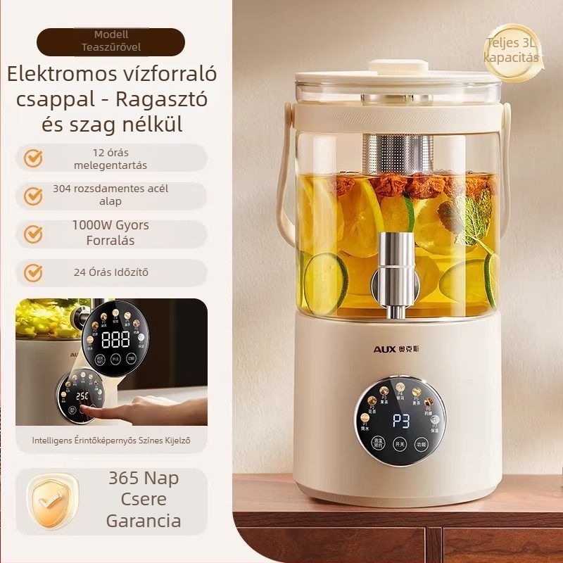 Üvegbázisú egészség teáskanna integrált forralással és áztatással virágtea készítéséhez, 2–3 literes kapacitás, ragasztómentes kivitel, digitális termosztát, belső rozsdamentes acél tartály, 500–1000 W, 220 V, modell Ys 133