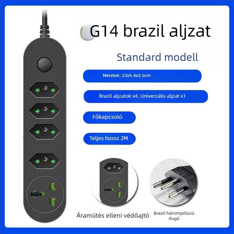 Braziliai szabványú USB-elosztó több csatlakozóval, hosszú kábellel, US és EU szabványokkal kompatibilis, túlterhelés elleni védelem