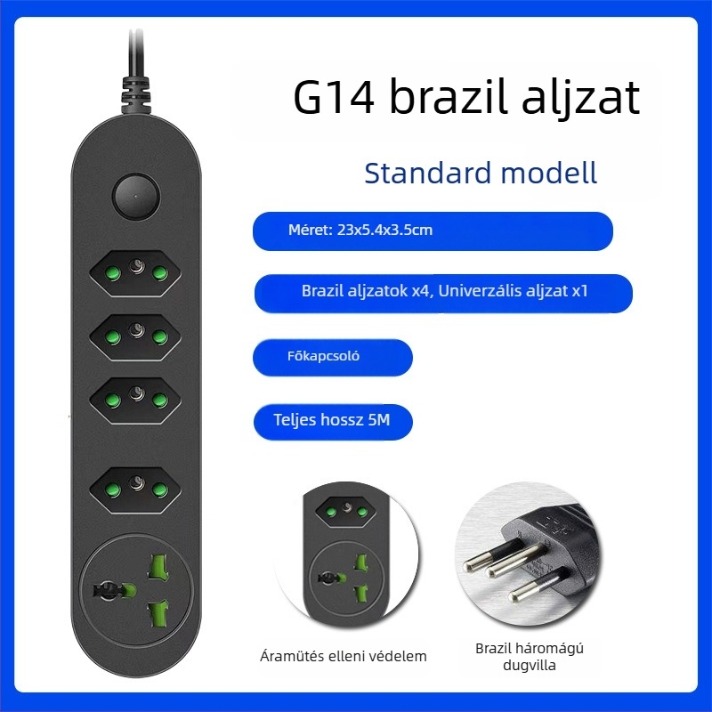 Braziliai szabványú USB-elosztó több csatlakozóval, hosszú kábellel, US és EU szabványokkal kompatibilis, túlterhelés elleni védelem