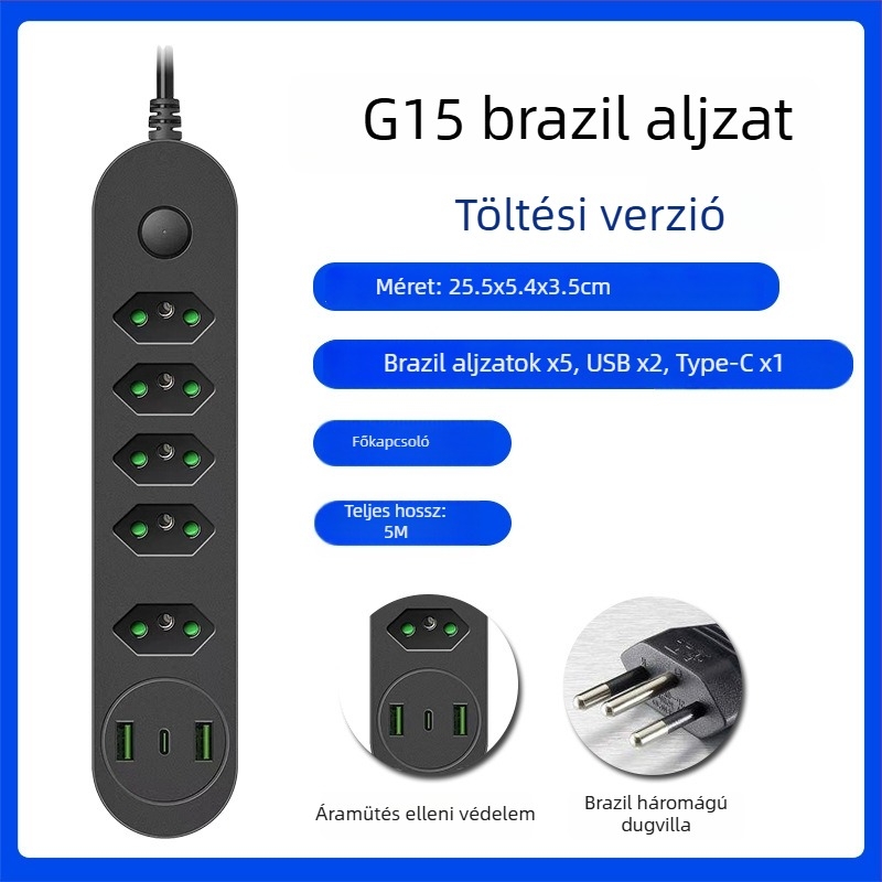 Braziliai szabványú USB-elosztó több csatlakozóval, hosszú kábellel, US és EU szabványokkal kompatibilis, túlterhelés elleni védelem