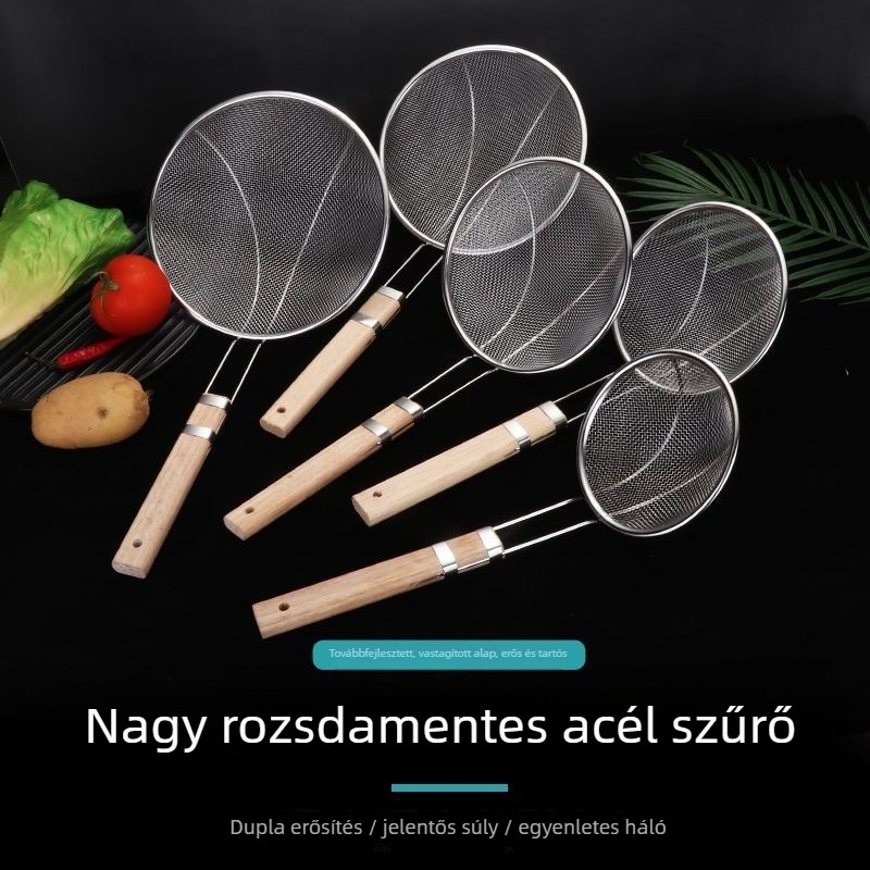 Rozsdamentes acél szűrő fa fogantyúval, égés elleni védelemmel, nagy méret, tészta és sütéshez, hosszú nyél
