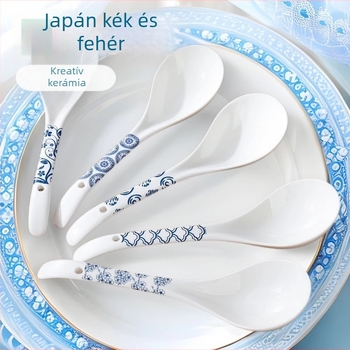 Japán kék‑fehér kerámiás nagy leveskanál virágos mintával, retró stílus.