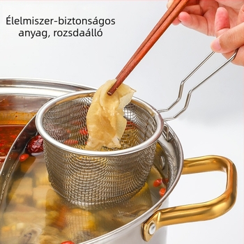 Összecsukható rozsdamentes acél fritőzkosár, tészta kanállal és nagy szűrővel