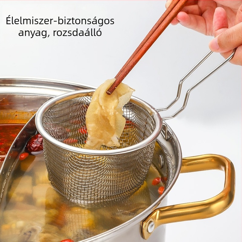 Összecsukható rozsdamentes acél fritőzkosár, tészta kanállal és nagy szűrővel
