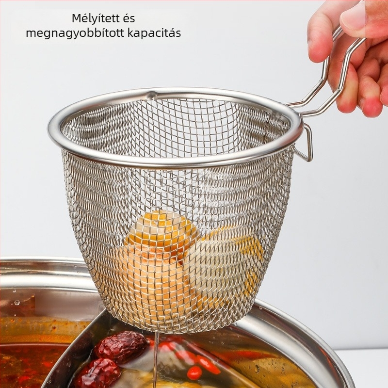 Összecsukható rozsdamentes acél fritőzkosár, tészta kanállal és nagy szűrővel