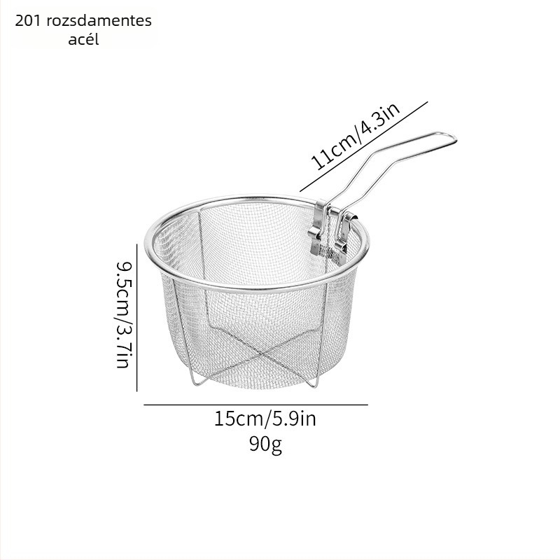 Összecsukható rozsdamentes acél fritőzkosár, tészta kanállal és nagy szűrővel