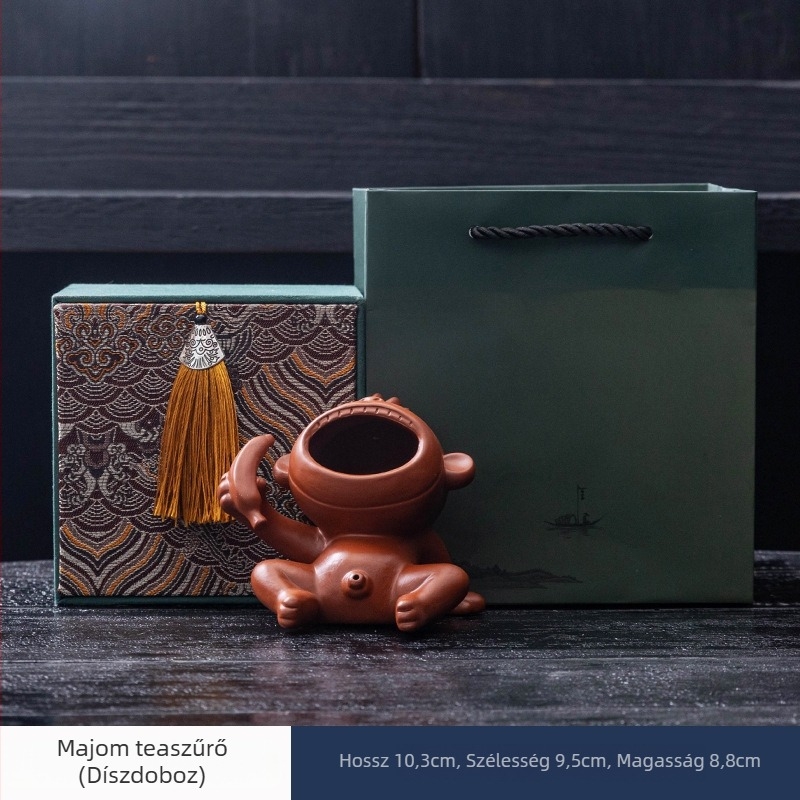 Lila agyagból készült majom tea-pet, nagy szájú kivitel, teaceremónia kiegészítő