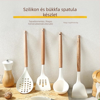 Szilikon konyhai eszközök készlet fából készült nyéllel: spatula, leveses kanál és lyukas kanál, hőálló és tapadásmentes