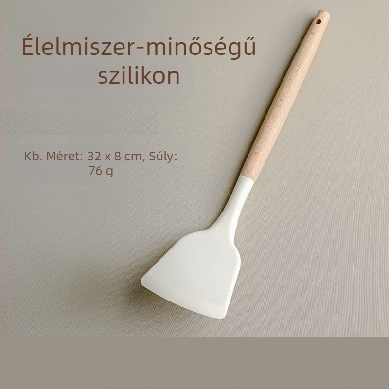 Szilikon konyhai eszközök készlet fából készült nyéllel: spatula, leveses kanál és lyukas kanál, hőálló és tapadásmentes