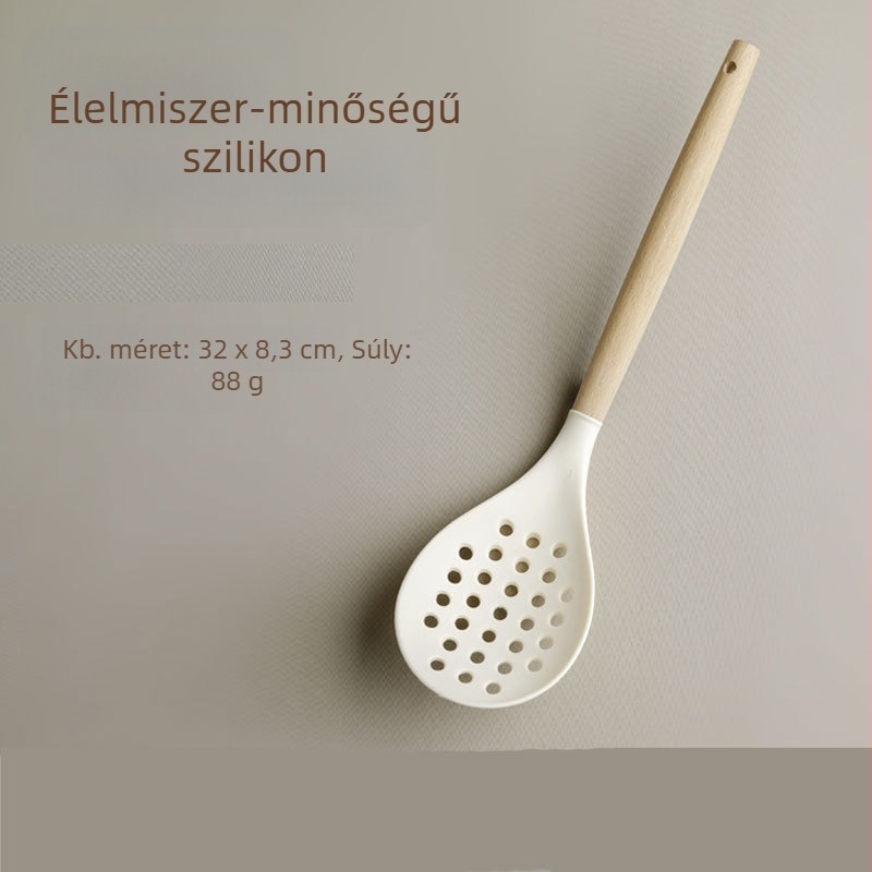 Szilikon konyhai eszközök készlet fából készült nyéllel: spatula, leveses kanál és lyukas kanál, hőálló és tapadásmentes