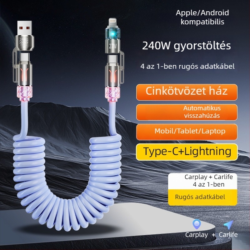 240W négy az egyben autós adatkábel USB-C és Lightning-hoz — ultram gyors töltés, aromaterápia, hossz 1–2 m